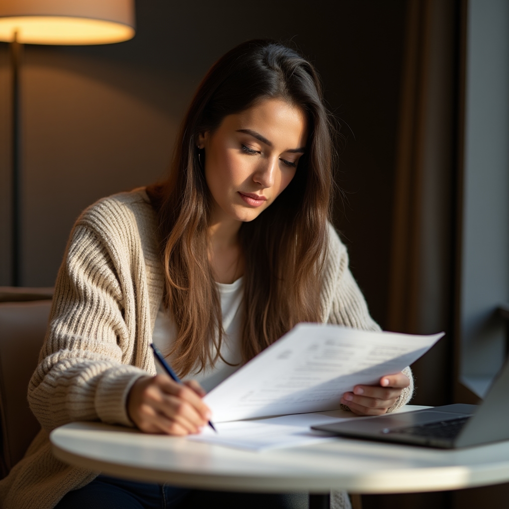 Founder reviewing a simple printed report at a desk, reading it carefully with a pen in hand