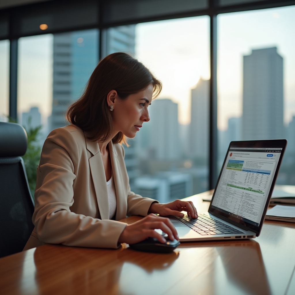 Analyst reviewing spreadsheet data and search results on a laptop while researching competitor content