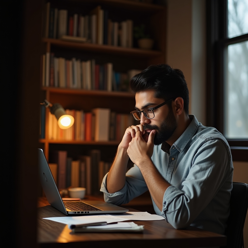 Independent site owner working alone in a small home office reviewing competitor notes
