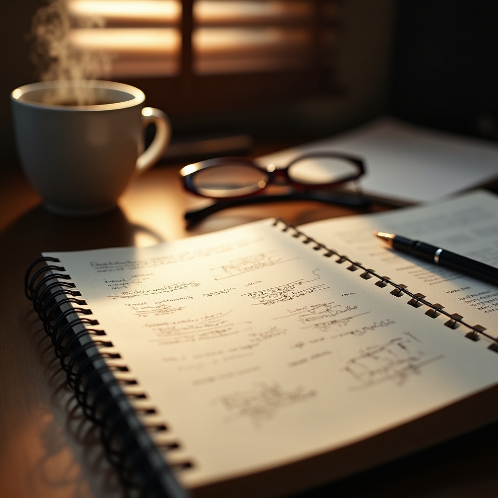 Open notebook with handwritten notes and a cup of coffee on a wooden desk, early stage planning for a research project