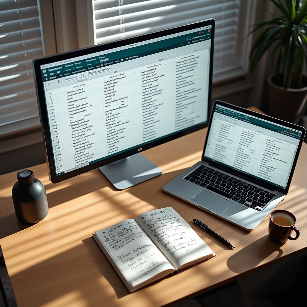 Overhead view of a spreadsheet used to organize competitor keyword and page data